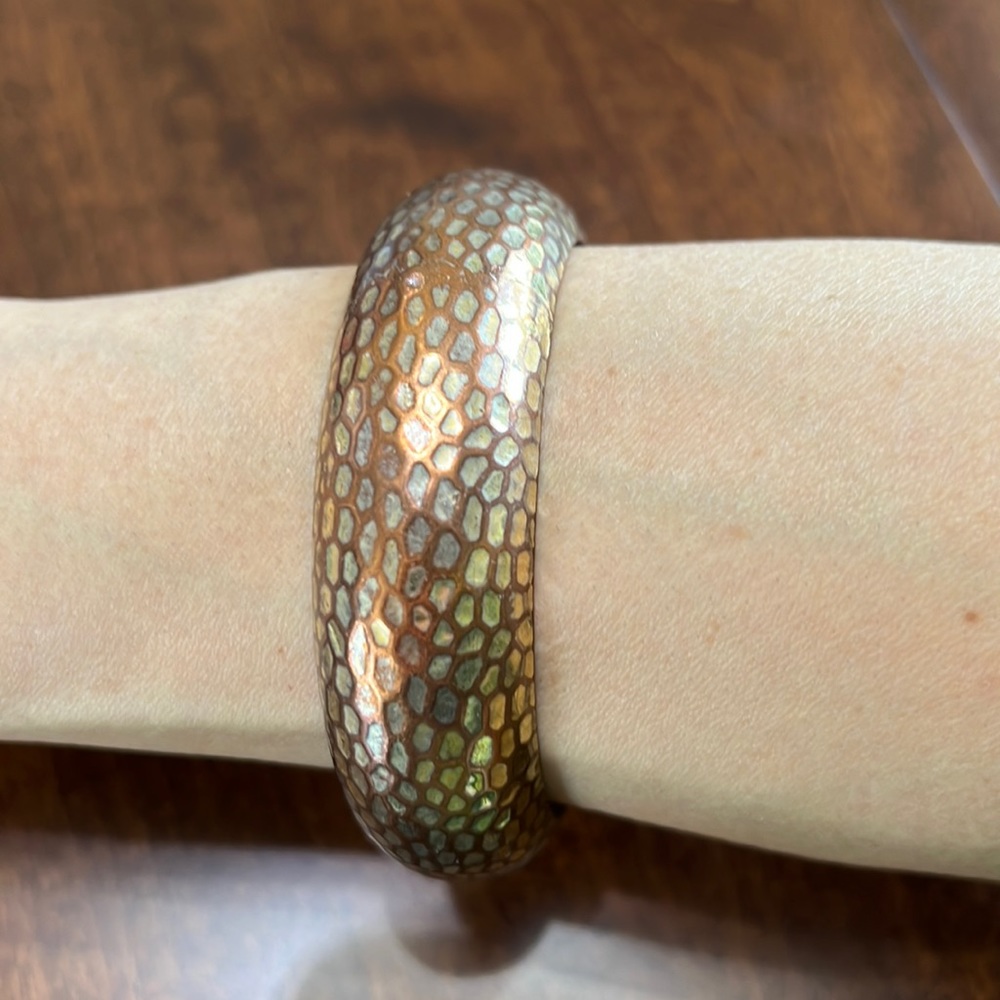 Vintage Bronze and Gold Bangle Bracelet with Mosaic Design